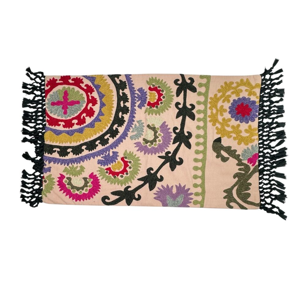 Pottery Barn Embroidered Lumbar Pillow Cover Boho Tassel Woven Cotton